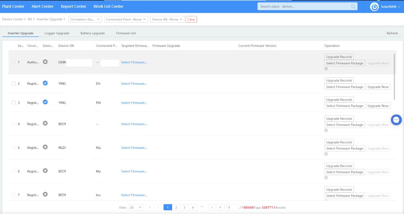 Pagina om nieuwe firmware bij klanten te installeren (de serienummers van de omvormers en de namen van de netwerken van de klanten zijn witgemaakt).